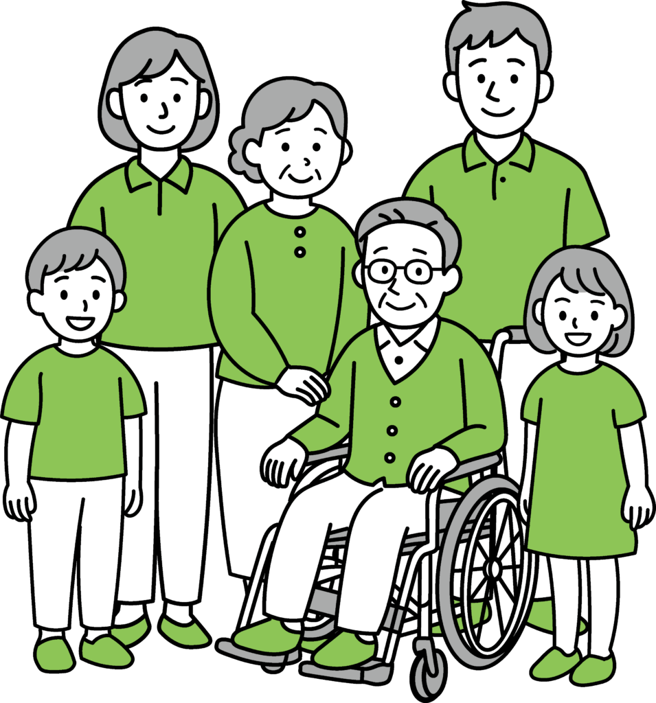 車椅子に座る高齢者とその家族