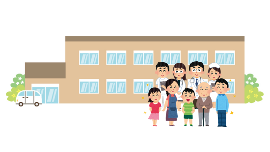 介護施設の前で笑顔で並ぶ人たち